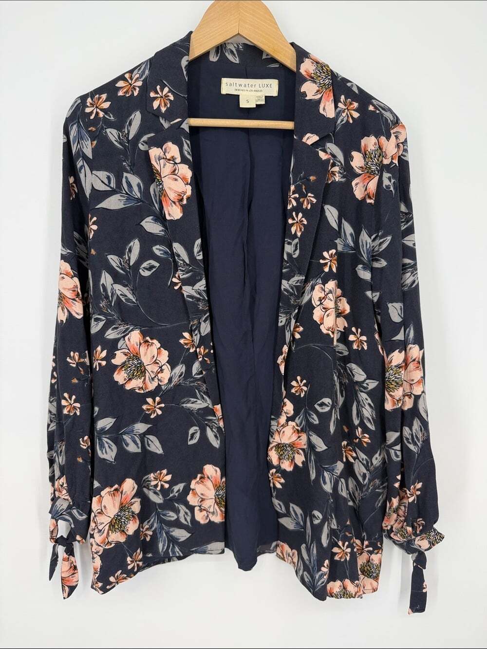 saltwater LUXE Navy Floral Open-Front Blazer with Peach Blooms